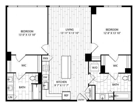 Floor plan for 2 beds, 2 baths, 1148 sqft